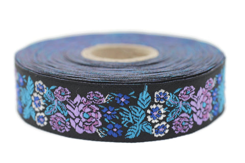 22mm Blue/Black Floral Embroidered ribbon (0.86 inches), Vintage Jacquard, Floral ribbon, Sewing trim, Jacquard trim, Jacquard ribbon, 22097