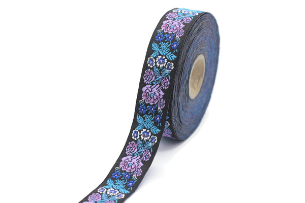 22mm Blue/Black Floral Embroidered ribbon (0.86 inches), Vintage Jacquard, Floral ribbon, Sewing trim, Jacquard trim, Jacquard ribbon, 22097