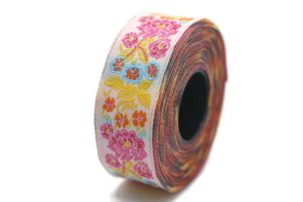 22 mm Colorful Floral Embroidered ribbon (0.86 inches), Vintage Jacquard, Floral ribbon, Sewing trim, Jacquard trim, Jacquard ribbon, 22097