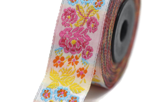 22 mm Colorful Floral Embroidered ribbon (0.86 inches), Vintage Jacquard, Floral ribbon, Sewing trim, Jacquard trim, Jacquard ribbon, 22097