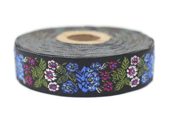 22 mm Blue Floral Embroidered ribbon (0.86 inches), Vintage Jacquard, Floral ribbon, Sewing trim, Jacquard trim, Jacquard ribbon, 22097