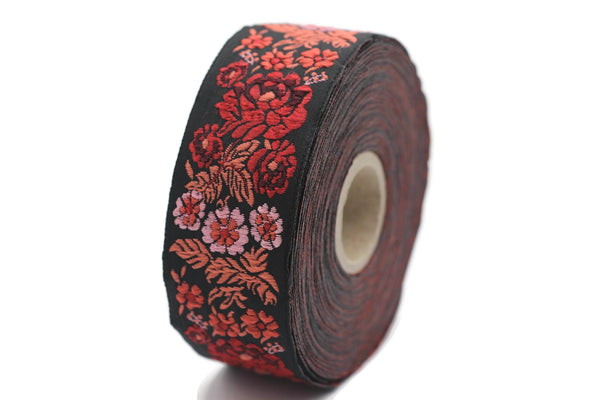 35 mm Red/Black Floral Embroidered ribbon (1.37 inches), Vintage Jacquard, Floral ribbon, Sewing trim, Jacquard trim, Jacquard ribbon, 35097