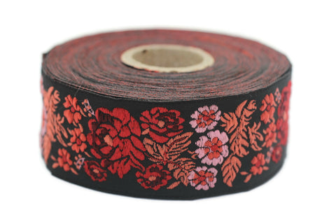 35 mm Red/Black Floral Embroidered ribbon (1.37 inches), Vintage Jacquard, Floral ribbon, Sewing trim, Jacquard trim, Jacquard ribbon, 35097
