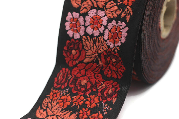 50 mm Red and Black Floral Embroidered Ribbon, Woven Trim 1.96 inch, Jacquard Ribbon, Woven Ribbon, Jacquard Border Trim, 50097