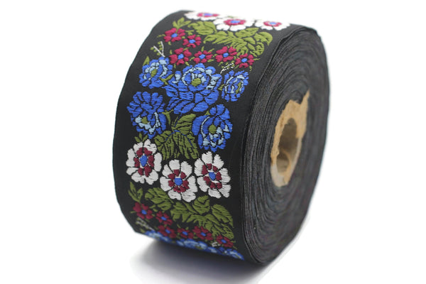 50 mm Blue Floral Embroidered ribbon (1.96 inches, Vintage Jacquard, Floral ribbon, Sewing trim, Jacquard trim, Jacquard ribbon, 50097