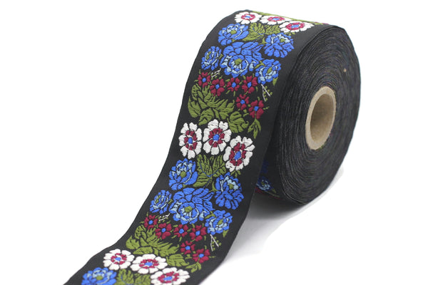 50 mm Blue Floral Embroidered ribbon (1.96 inches, Vintage Jacquard, Floral ribbon, Sewing trim, Jacquard trim, Jacquard ribbon, 50097