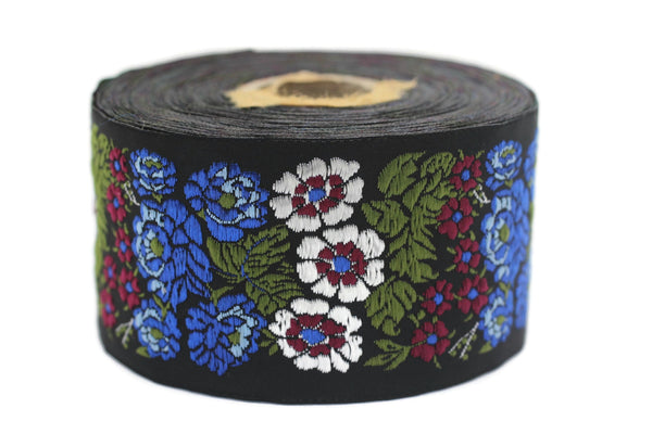 50 mm Blue Floral Embroidered ribbon (1.96 inches, Vintage Jacquard, Floral ribbon, Sewing trim, Jacquard trim, Jacquard ribbon, 50097