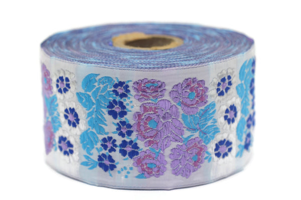 50 mm Blue Floral Embroidered ribbon (1.96 inches), Vintage ribbon, Floral ribbon, Sewing trim, Jacquard trim, 50097