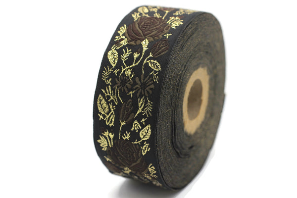 35 mm Brown / Black Floral Jacquard trim (1.37 inches), Rose emboried Ribbon, Decorative Craft Ribbon, Jacquard Ribbon Trim, 35089
