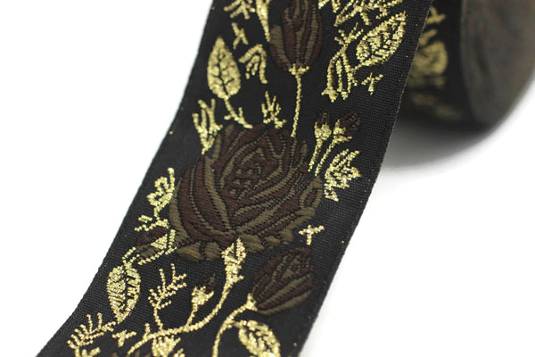 35 mm Brown / Black Floral Jacquard trim (1.37 inches), Rose emboried Ribbon, Decorative Craft Ribbon, Jacquard Ribbon Trim, 35089