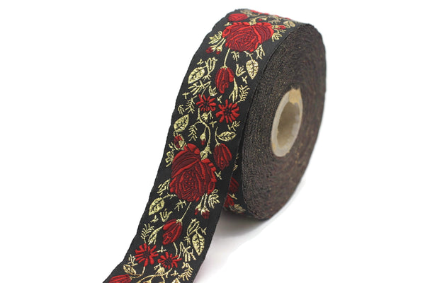35 mm Red / Black Floral Jacquard trim (1.37 inches), Rose emboried Ribbon, Decorative Craft Ribbon, Jacquard Ribbon Trim, 35089