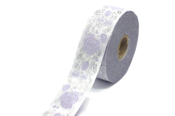 35 mm Purple / White Floral Jacquard trim (1.37 inches), vintage Ribbon, Decorative Craft Ribbon, Floral Jacquard Ribbon Trim, 35089