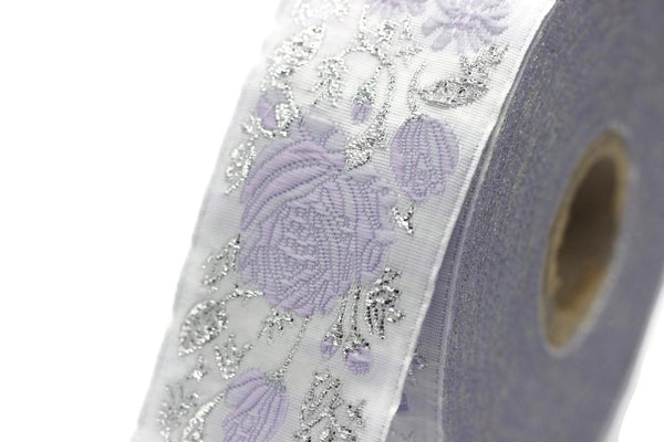 35 mm Purple / White Floral Jacquard trim (1.37 inches), vintage Ribbon, Decorative Craft Ribbon, Floral Jacquard Ribbon Trim, 35089