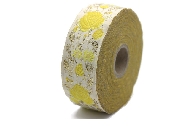 35 mm Yellow / White Floral Jacquard trim (1.37 inches), Rose emboried Ribbon, Decorative Craft Ribbon, Jacquard Ribbon Trim, 35089