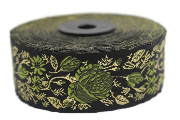 35 mm Green / Black Floral Jacquard trim (1.37 inches), Rose emboried Ribbon, Decorative Craft Ribbon, Jacquard Ribbon Trim, 35089