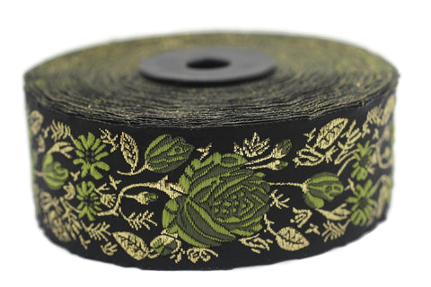 35 mm Green / Black Floral Jacquard trim (1.37 inches), Rose emboried Ribbon, Decorative Craft Ribbon, Jacquard Ribbon Trim, 35089