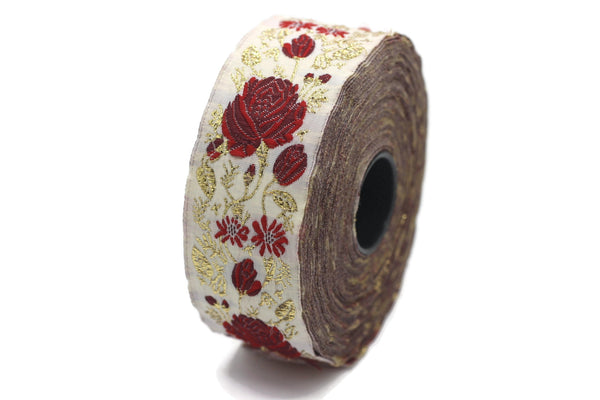 35 mm Red / White Floral Jacquard trim (1.37 inches) Rose emboried Ribbon, Decorative Craft Ribbon, Jacquard Ribbon Trim, 35089