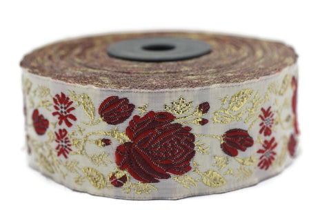35 mm Red / White Floral Jacquard trim (1.37 inches) Rose emboried Ribbon, Decorative Craft Ribbon, Jacquard Ribbon Trim, 35089