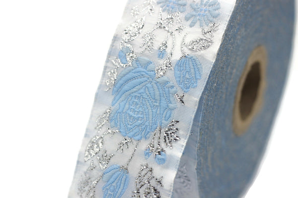 35 mm Blue / White Floral Jacquard trim (1.37 inches), vintage Ribbon, Decorative Craft Ribbon, Floral Jacquard Ribbon Trim, 35089