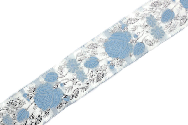 35 mm Blue / White Floral Jacquard trim (1.37 inches), vintage Ribbon, Decorative Craft Ribbon, Floral Jacquard Ribbon Trim, 35089