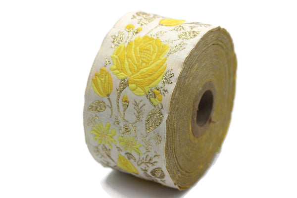 50 mm Yellow / White Floral Jacquard trim (1.96 inches), rose embroried Ribbon, Decorative Craft Ribbon, Jacquard Ribbon Trim, 50089