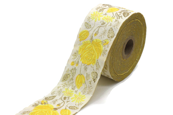 50 mm Yellow / White Floral Jacquard trim (1.96 inches), rose embroried Ribbon, Decorative Craft Ribbon, Jacquard Ribbon Trim, 50089