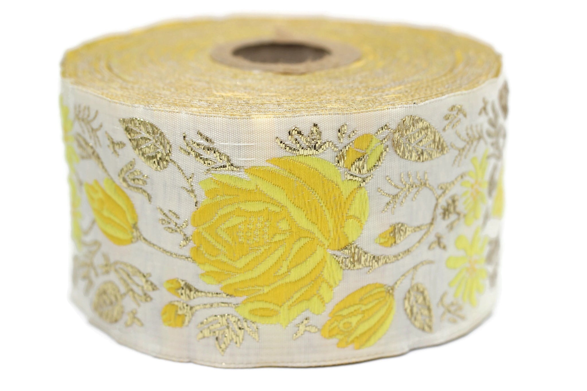 50 mm Yellow / White Floral Jacquard trim (1.96 inches), rose embroried Ribbon, Decorative Craft Ribbon, Jacquard Ribbon Trim, 50089