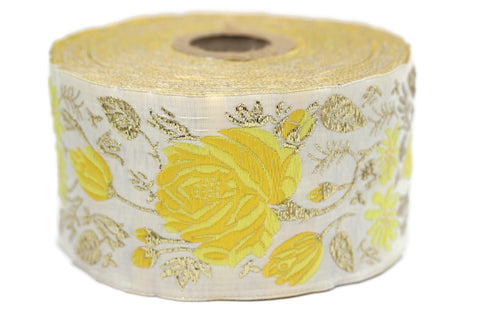 50 mm Yellow / White Floral Jacquard trim (1.96 inches), rose embroried Ribbon, Decorative Craft Ribbon, Jacquard Ribbon Trim, 50089