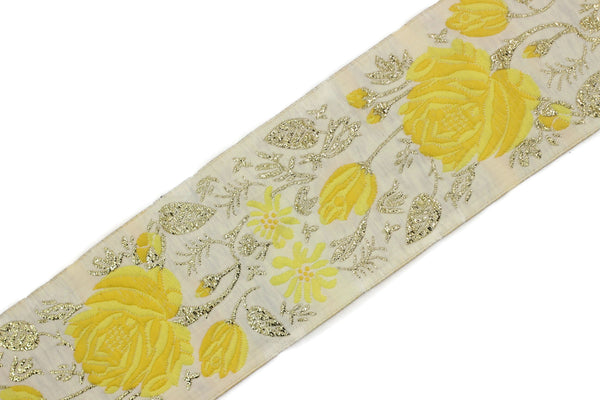 50 mm Yellow / White Floral Jacquard trim (1.96 inches), rose embroried Ribbon, Decorative Craft Ribbon, Jacquard Ribbon Trim, 50089