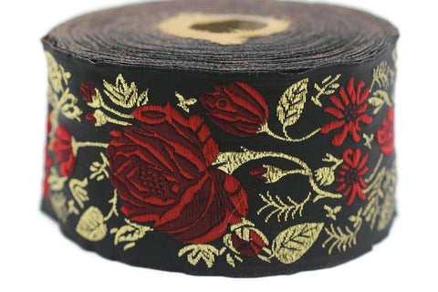 50 mm Red / Black Floral Jacquard trim, 1.96 inches, rose embroried Ribbon, Decorative Craft Ribbon, Jacquard Ribbon Trim, towel trim, 50089