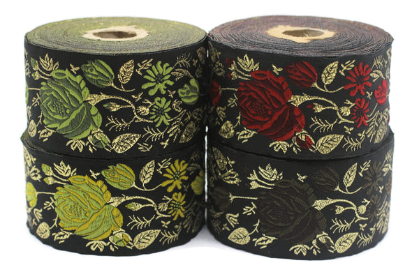 50 mm Red / Black Floral Jacquard trim, 1.96 inches, rose embroried Ribbon, Decorative Craft Ribbon, Jacquard Ribbon Trim, towel trim, 50089