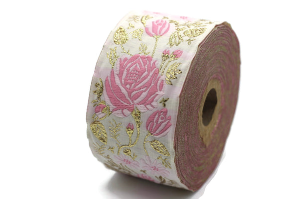 50 mm Pink / White Floral Jacquard trim (1.96 inches), rose embroried Ribbon, Decorative Craft Ribbon, Jacquard Ribbon Trim, 50089