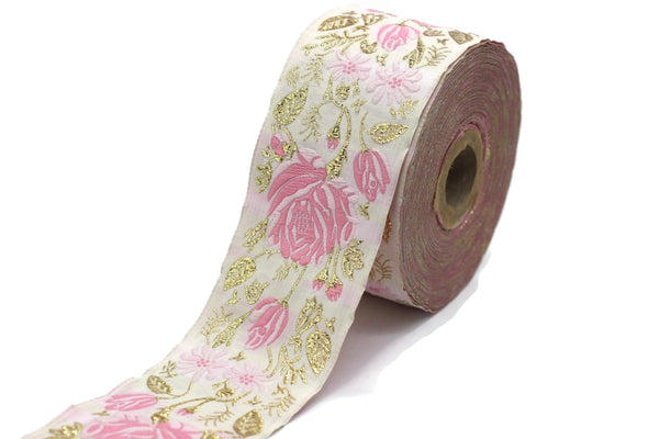 50 mm Pink / White Floral Jacquard trim (1.96 inches), rose embroried Ribbon, Decorative Craft Ribbon, Jacquard Ribbon Trim, 50089