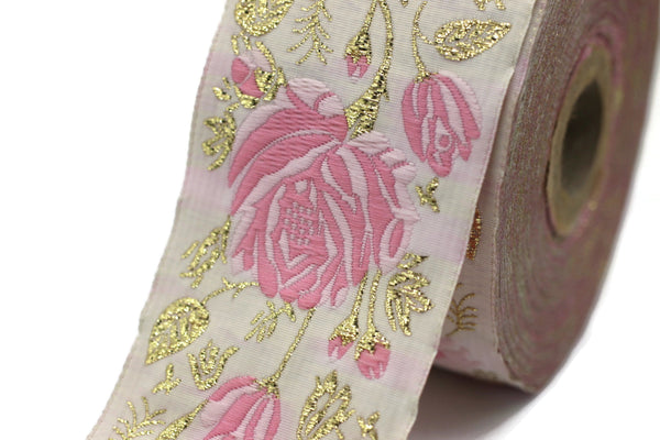 50 mm Pink / White Floral Jacquard trim (1.96 inches), rose embroried Ribbon, Decorative Craft Ribbon, Jacquard Ribbon Trim, 50089