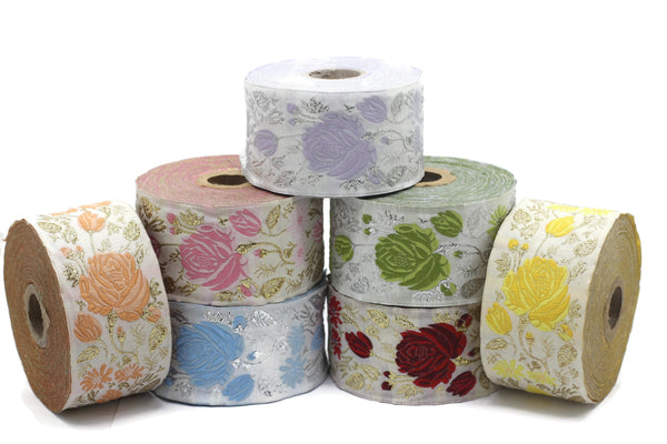 50 mm Pink / White Floral Jacquard trim (1.96 inches), rose embroried Ribbon, Decorative Craft Ribbon, Jacquard Ribbon Trim, 50089
