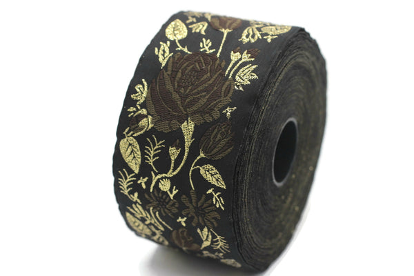 50 mm Brown / Black Floral Jacquard trim (1.96 inches) rose embroried Ribbon, Decorative Craft Ribbon, Jacquard Ribbon Trim, 50089