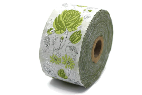 50 mm Green / White Floral Jacquard trim (1.96 inches), vintage Ribbon, Decorative Craft Ribbon, Floral Jacquard Ribbon Trim, 50089