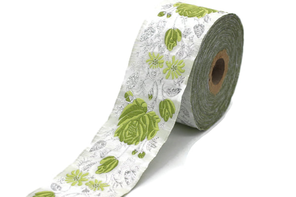 50 mm Green / White Floral Jacquard trim (1.96 inches), vintage Ribbon, Decorative Craft Ribbon, Floral Jacquard Ribbon Trim, 50089