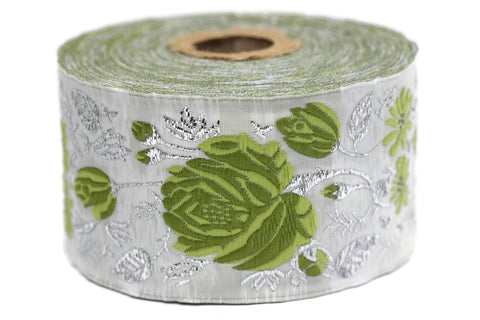 50 mm Green / White Floral Jacquard trim (1.96 inches), vintage Ribbon, Decorative Craft Ribbon, Floral Jacquard Ribbon Trim, 50089