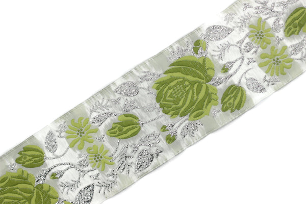 50 mm Green / White Floral Jacquard trim (1.96 inches), vintage Ribbon, Decorative Craft Ribbon, Floral Jacquard Ribbon Trim, 50089
