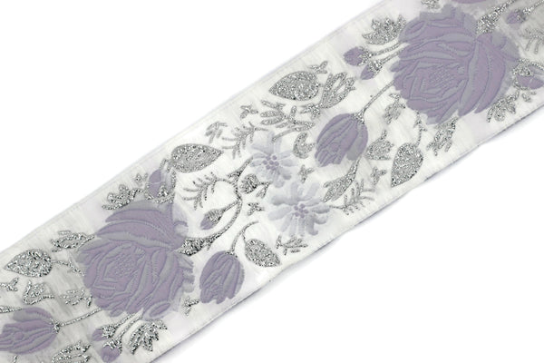 50 mm Purple / White Floral Jacquard trim (1.96 inches), vintage Ribbon, Decorative Craft Ribbon, Floral Jacquard Ribbon Trim, 50089