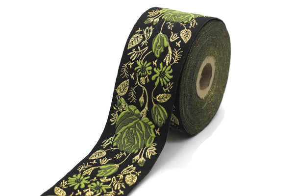 50 mm Green / Black Floral Jacquard trim (1.96 inches) rose embroried Ribbon, Decorative Craft Ribbon, Jacquard Ribbon Trim, 50089
