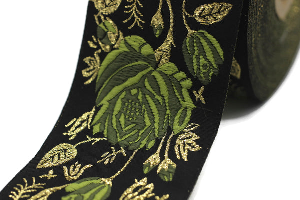50 mm Green / Black Floral Jacquard trim (1.96 inches) rose embroried Ribbon, Decorative Craft Ribbon, Jacquard Ribbon Trim, 50089