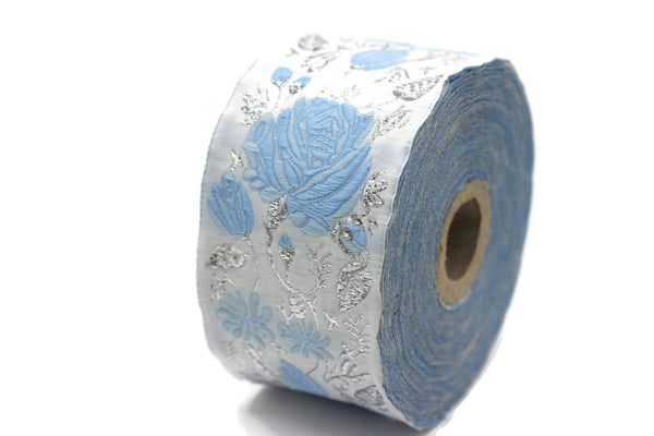 50 mm Blue / White Floral Jacquard trim (1.96 inches) vintage Ribbon, Decorative Craft Ribbon, Floral Jacquard Ribbon Trim, 50089