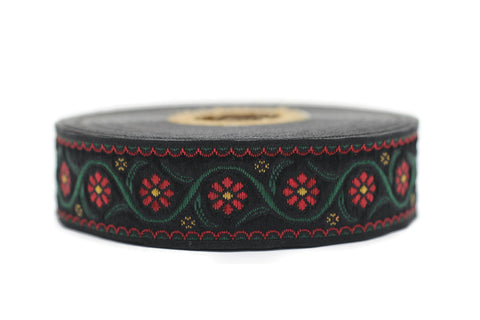 22 mm Red Floral Embroidered ribbon (0.86 inches), Vintage Jacquard, Floral ribbon, Floral trim, woven jacquard, jacquard ribbons, 22938