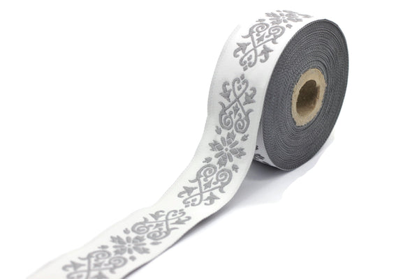 35 mm Gray Victorian Jade Jacquard Ribbon 1.37 (inch) | Embroidered Bordure | Fabric Tapestry for Embellishment Craft Home Decor | 35271