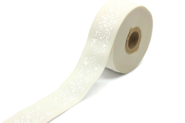 35 mm White-Beige Victorian Jade Jacquard Ribbon 1.37 (inch) | Embroidered Bordure | Fabric Tapestry for Embellishment Craft | 35271