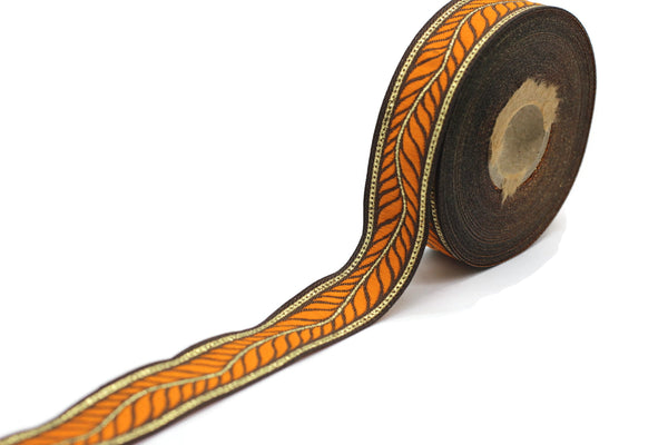 22 mm Orange Feather Ribbon, 0.86 inches, jacquard ribbon, jacquard trim, Dog Collar Ribbon, ribbon trim, vintage trim, ribbons, 22132