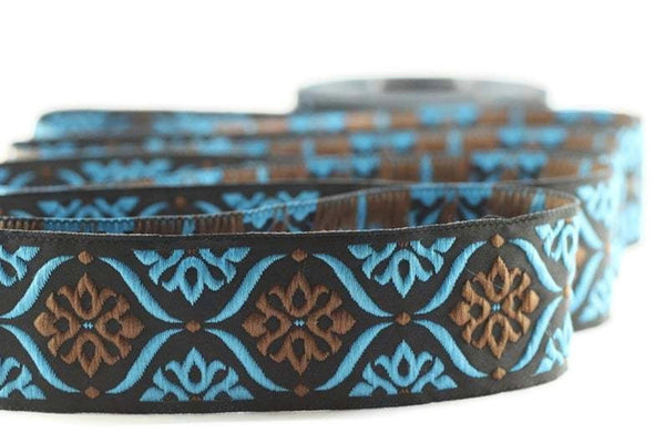 25 mm Brown/Blue Mediterranean Ribbon (0.98 inches), Jacquard ribbons,  jacquard trim, fabric wide trims, craft supplies, trim, 25973