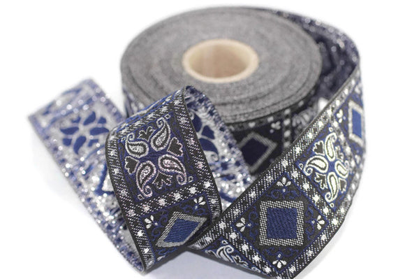 25 mm Blue/Silver Geometric Jacquard trim (0.98 inches), vintage Ribbon,  Decorative Craft Ribbon, Sewing, Jacquard ribbon, Trim, 25587